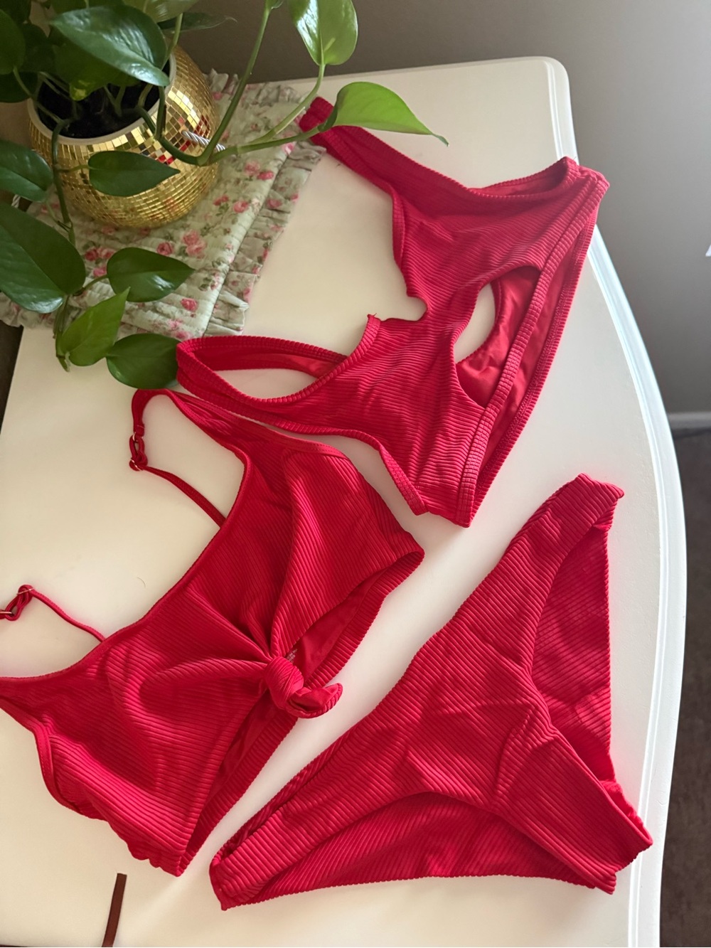 Frankie's Bikinis Red Ribbed Three-Piece Swim Set